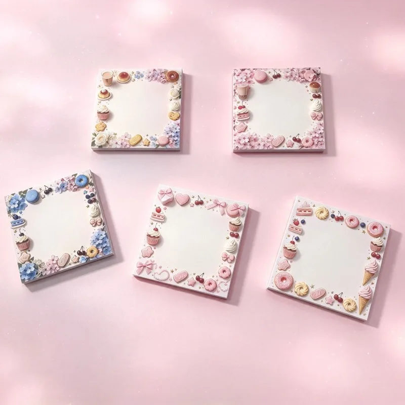 4 Styles Kawaii Dessert Floral Memo Pad, Square Sakura Hydrangea Macaron Donut Notepad, Note Paper, Scrapbook Stationery Gift