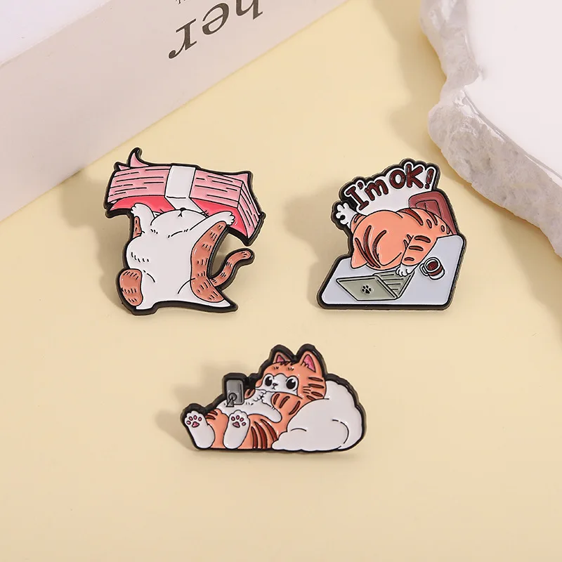Cartoon Funny Cat Enamel Pin Cat On Laptop I'm OK Work Humor Saying Brooches Lapel Backpack Badge Jewelry Gifts ﻿For Friends