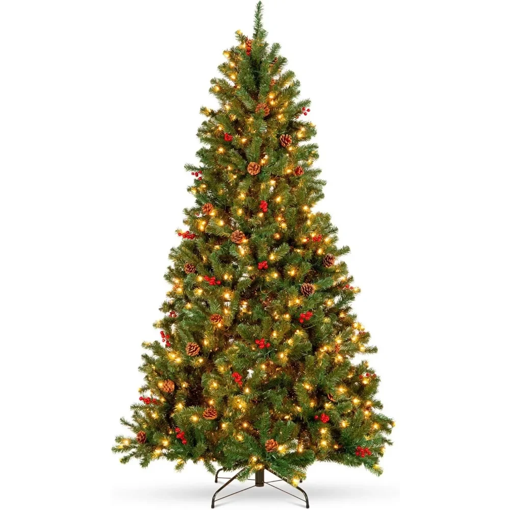 

Christmas Tree Pre-Decorated Spruce Hinged Artificial W/ 2,128 Tips 60 Pinecones 60 Berries 900 Lights Metal Base Christmas Tree