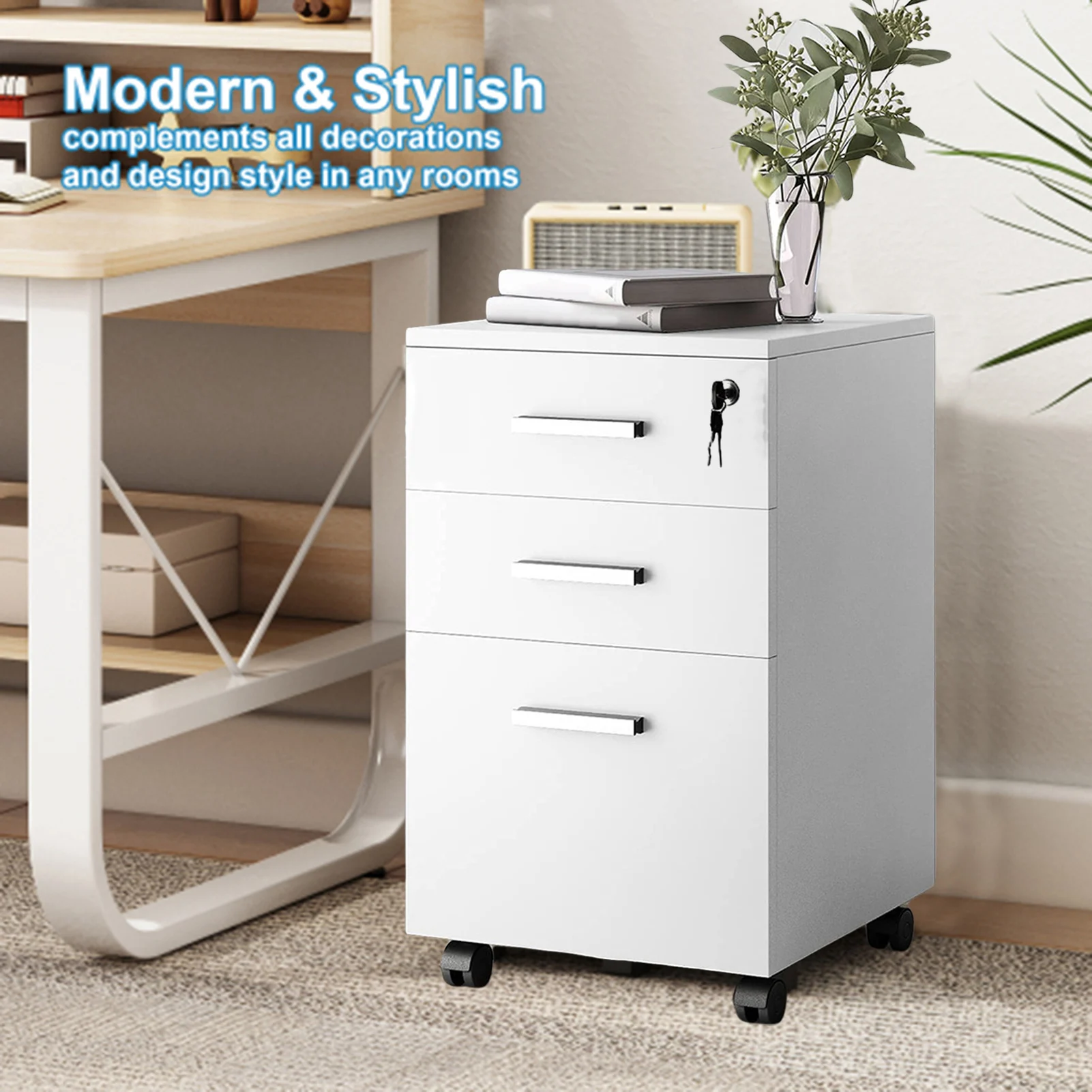 

360 Degree Casters Large Capacity Spacious Desktop Heightening Design File Cabinet 3 Drawer Rolling Office Bookcase with Lock