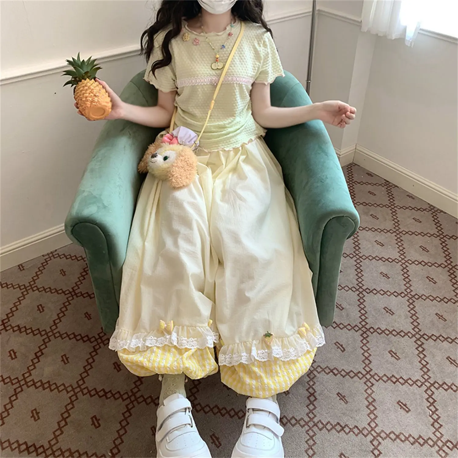 

Japan Sweet Strawberry Plaid Patchwork Bloomers For Female Students Summer Two-Piece Set With Knitted Tops