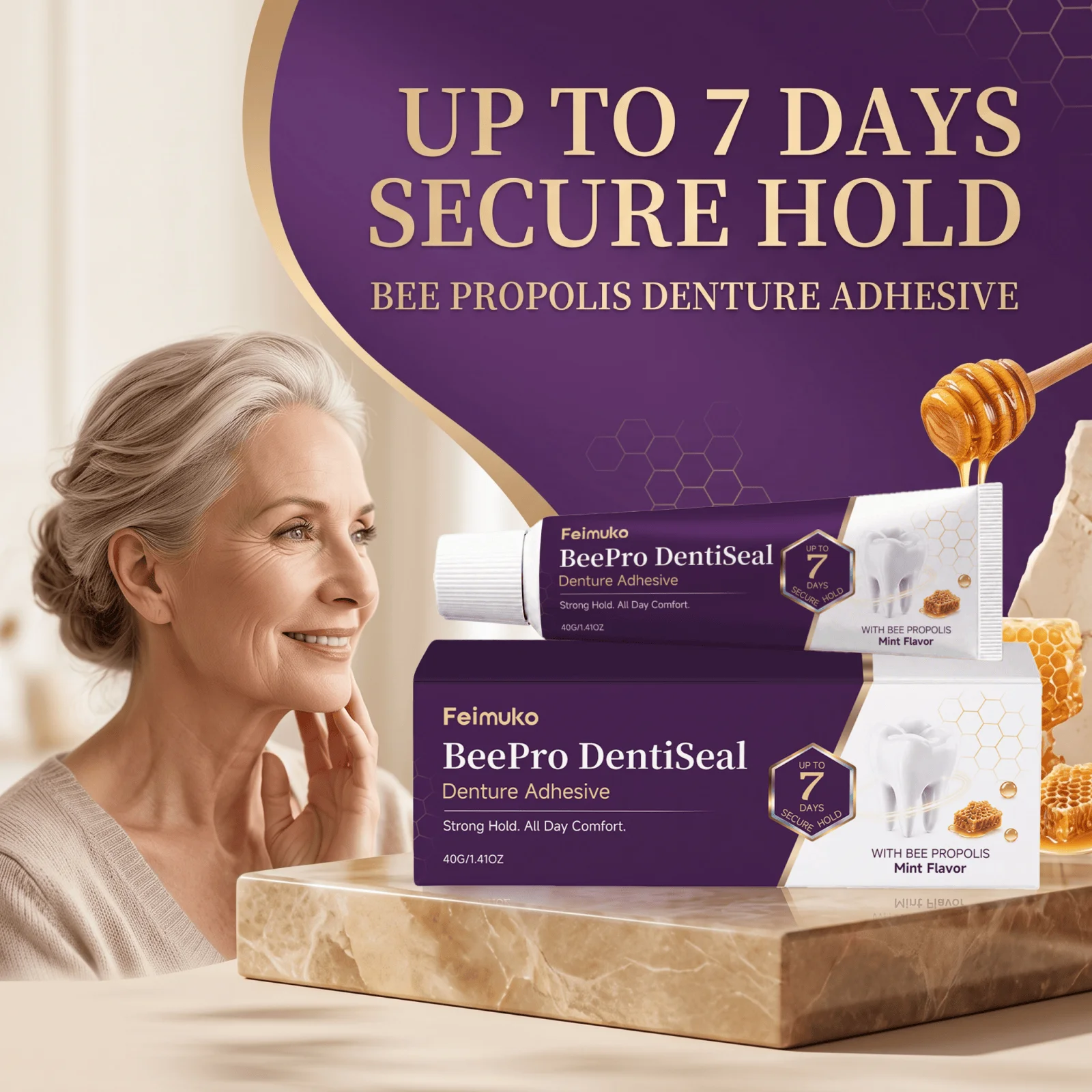 Feimuko Propolis Denture Adhesive Gentle Comfort Firm Hold Natural Aesthetics Enhanced Denture Fit Seamless Adhesion Daily Care