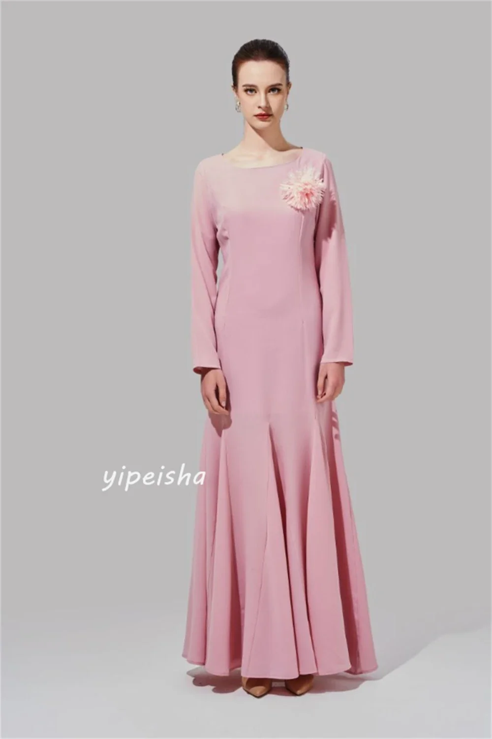 Baju pesta, Jersey bunga, pesta Ruched, kerah O, baju acara, baju Midi