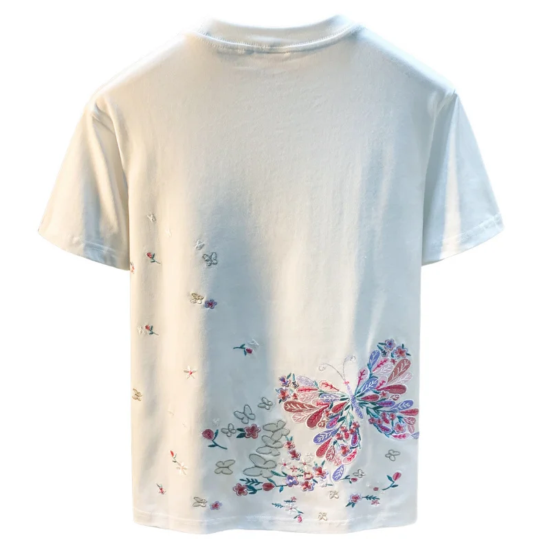 Chinese style floral butterfly embroidery short sleeved T-shirt for men in summer 2025, new trendy brand loose and versatile top