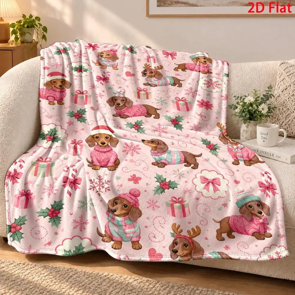 Christmas Dachshund Throw Blanket, Pink Sweater Wiener Dog Print with Santa Hats, Reindeer Antlers, Snowflakes, Holly and Gift Boxes, Soft Lightweight Fleece Blanket for Couch Sofa Bed, Cozy Holiday Home Decor, Winter Gift for Dog Lovers and Doxie Fans