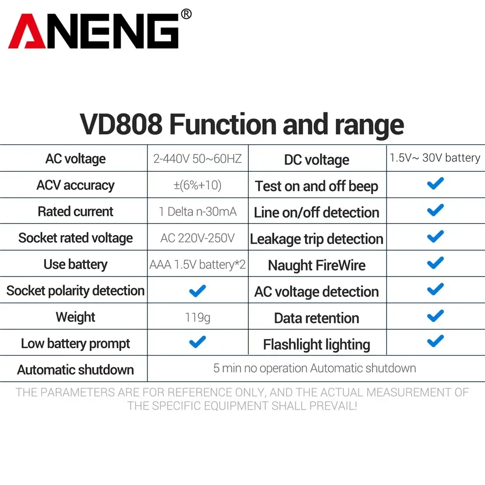 Socket Circuit Analyzer ANENG VD808 AC/DC Voltage Socket Tester Digital Circuit Breaker Finder Leakage Polarity Leakage
