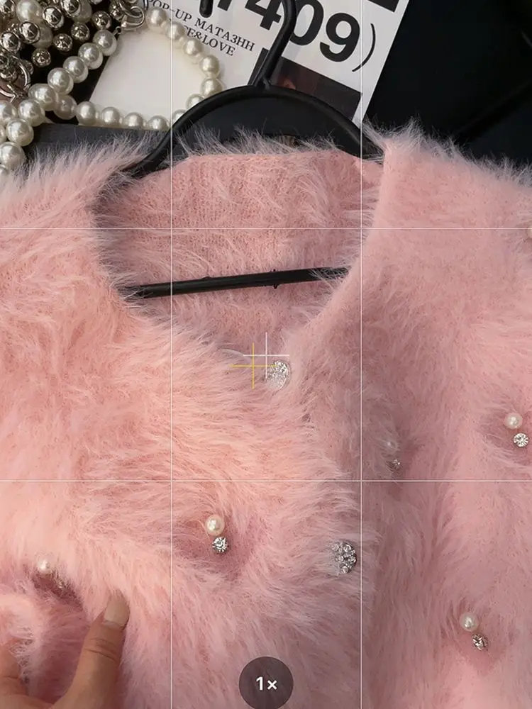 Luxury Fluffy Furry Soft Pink Knitted Cardigan Beaded Autumn Winter Coat Women Sweater Short Tops Design Outerwear White Jumpers