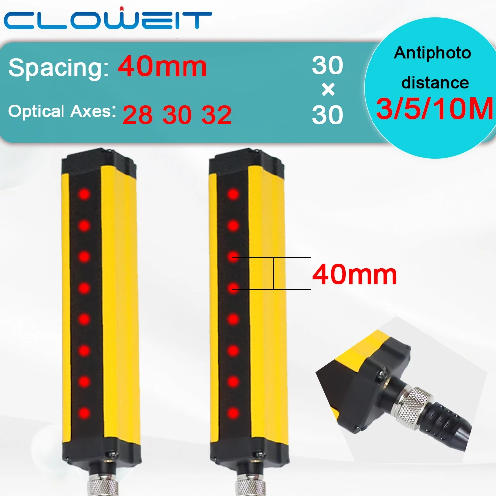 Cloweit Safety Light Curtain APS30 28-42Points 40mm Automation Equipment DC 24V 3/5/10M Protect Photoelectric Switch Area Sensor