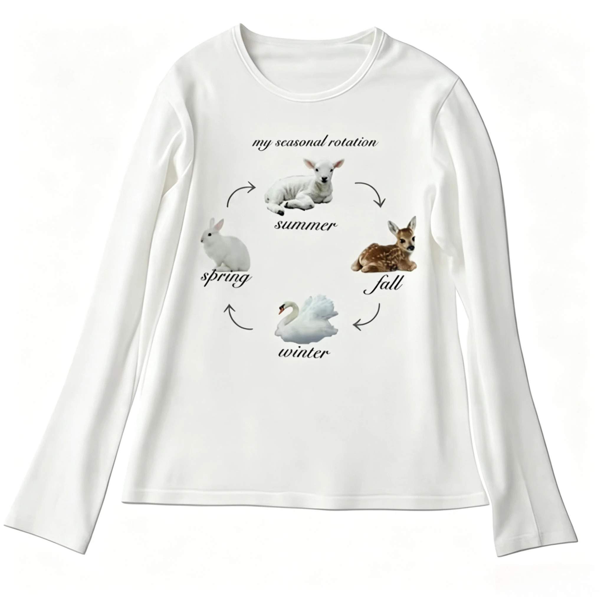 Season Cycle Cute Animal Print Long Sleeve T Shirt Crew Neck Rabbit Lamb Deer Swan Graphic Loose Casual Streetwear Top