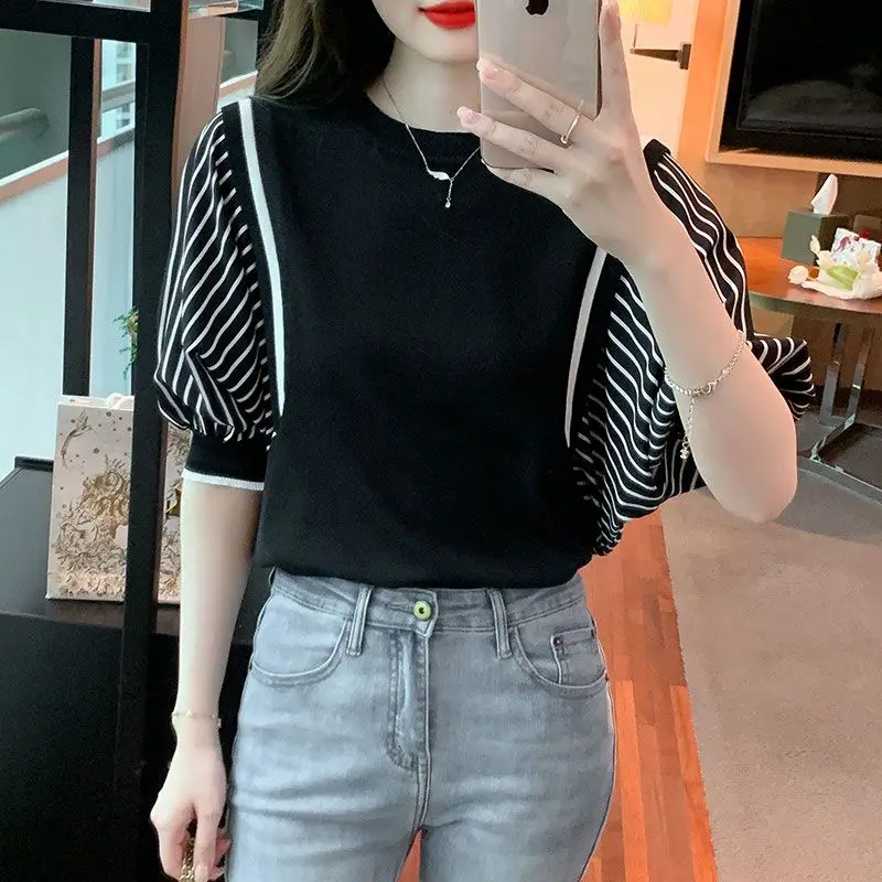 Temperament Vintage Summer T-Shirts Women Clothing Ice Silk O-Neck Striped Office Lady Fashion Casual Loose Short Sleeve Tops