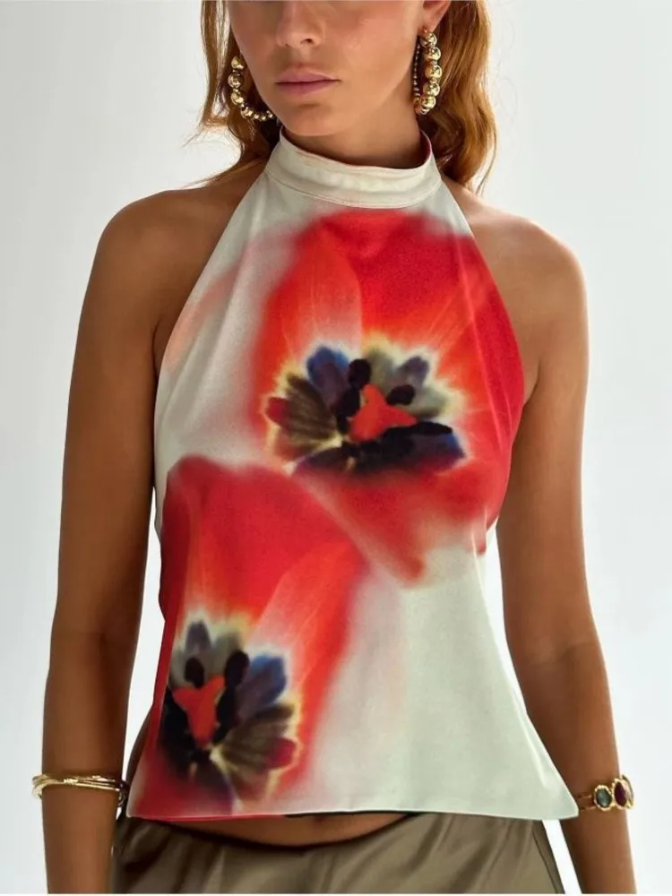 2026 Sexy Halter Vest Women's Fashionable Summer New Contrast Color Printing Backless Casual Party Tank Top Lady