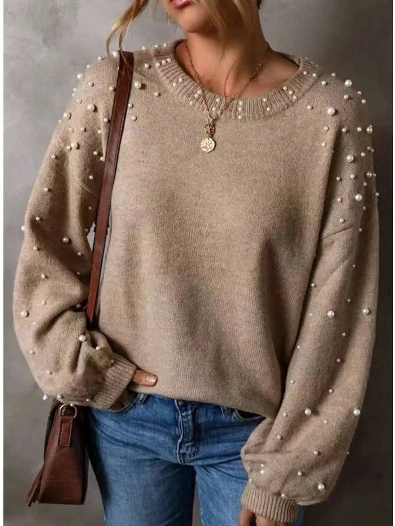 

Pearl Embellished Loose Fit Crew Neck Sweater for Autumn Winter Fashion