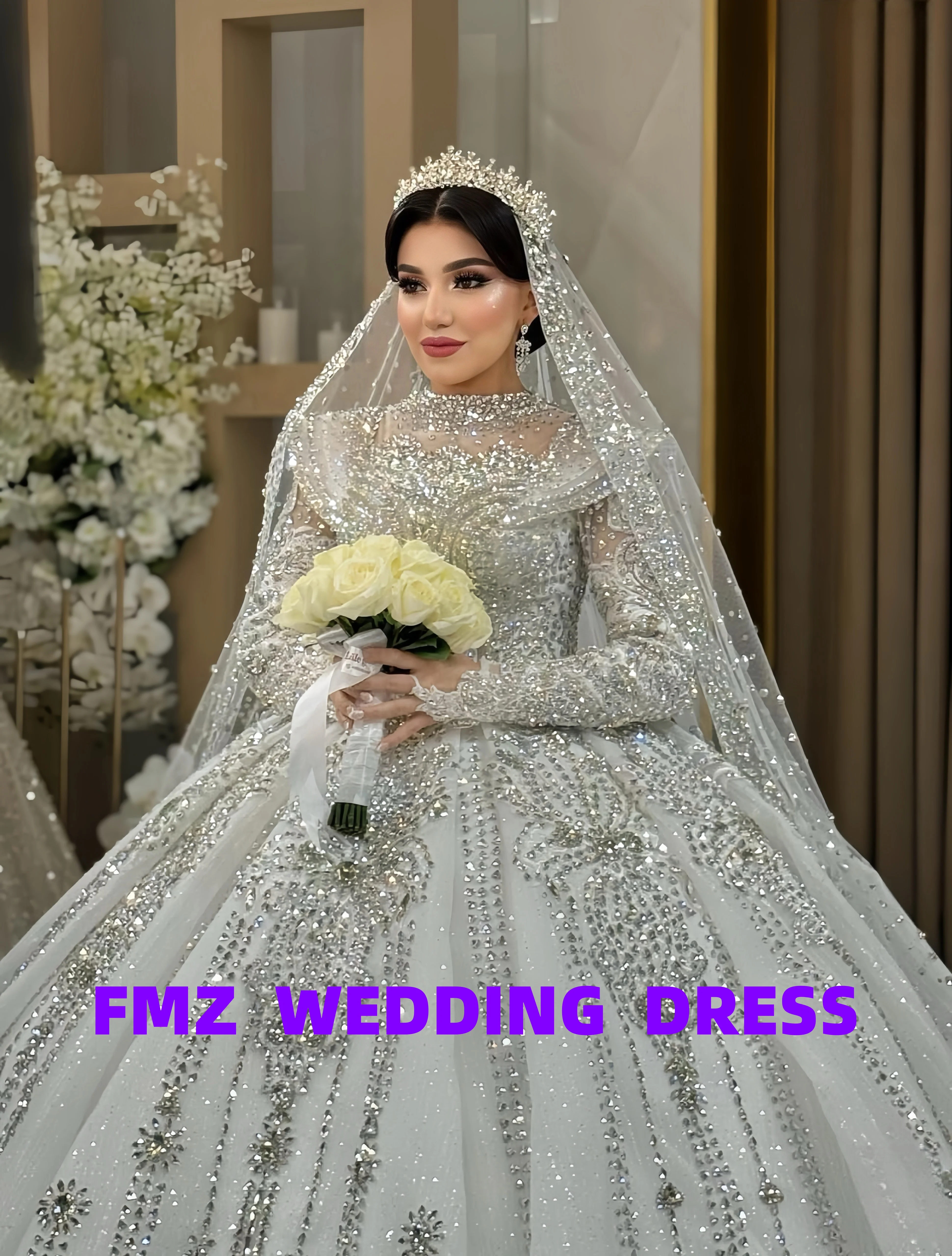 

Бальное платье с высоким воротом и длинными рукавами по индивидуальному заказу, роскошное свадебное платье из бисера, свадебное платье, платье для женщин, robe de mariee