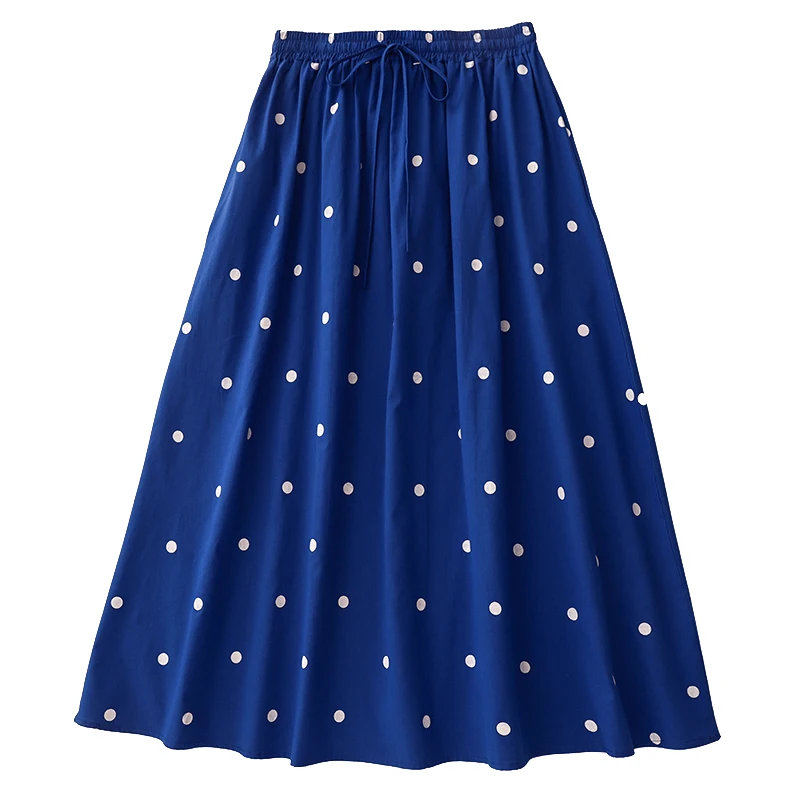 الأزرق البولكا نقطة القطن الخالص ألف خط ميدي تنورة المرأة الربيع الصيف جديد الخصر Cinching طباعة f طول مظلة تنورة