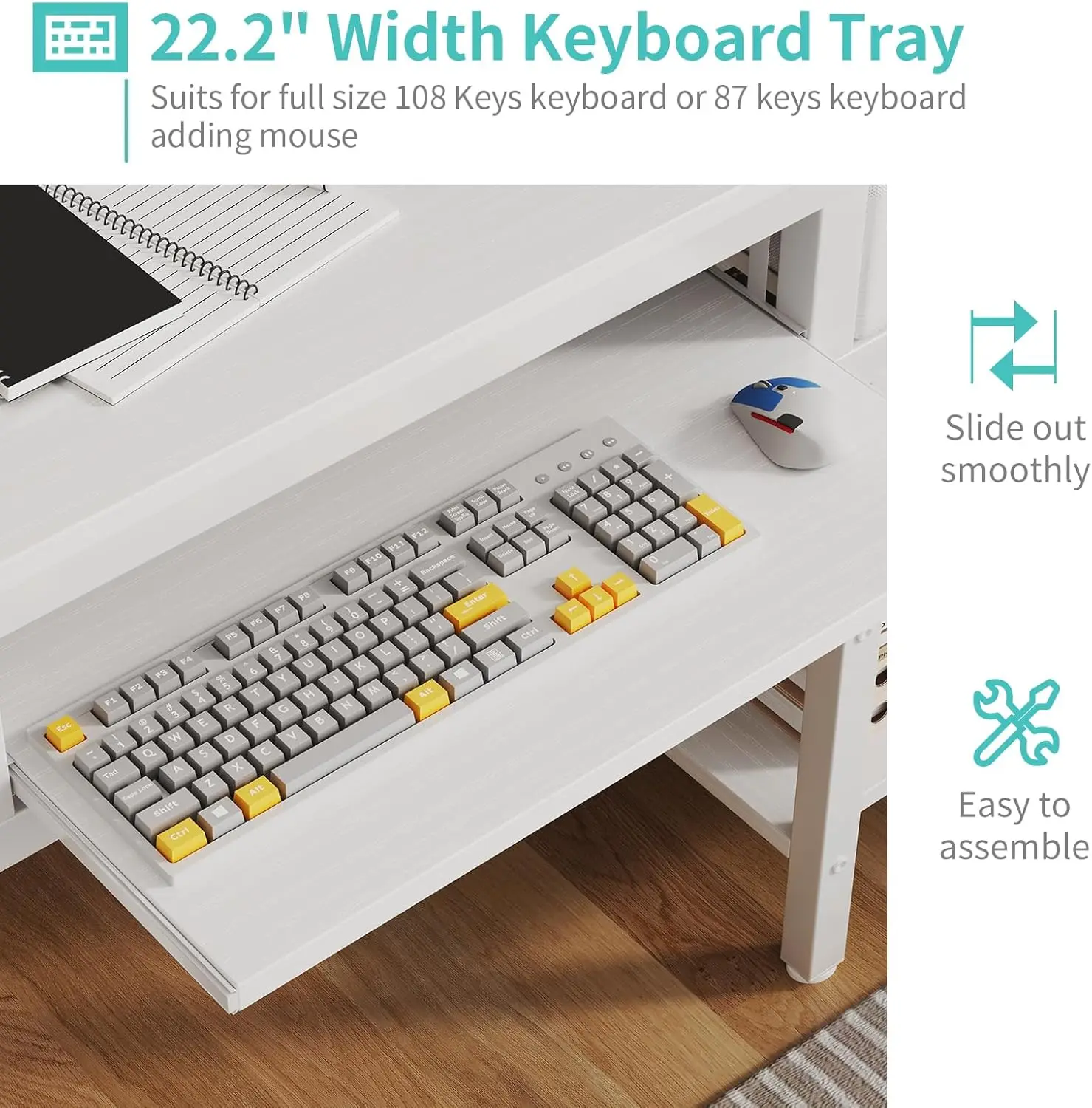 White Desk with Keyboard Tray Slide Out, 47 Inch Home Office Computer Desks with Fabric Drawers & Storage Shelves