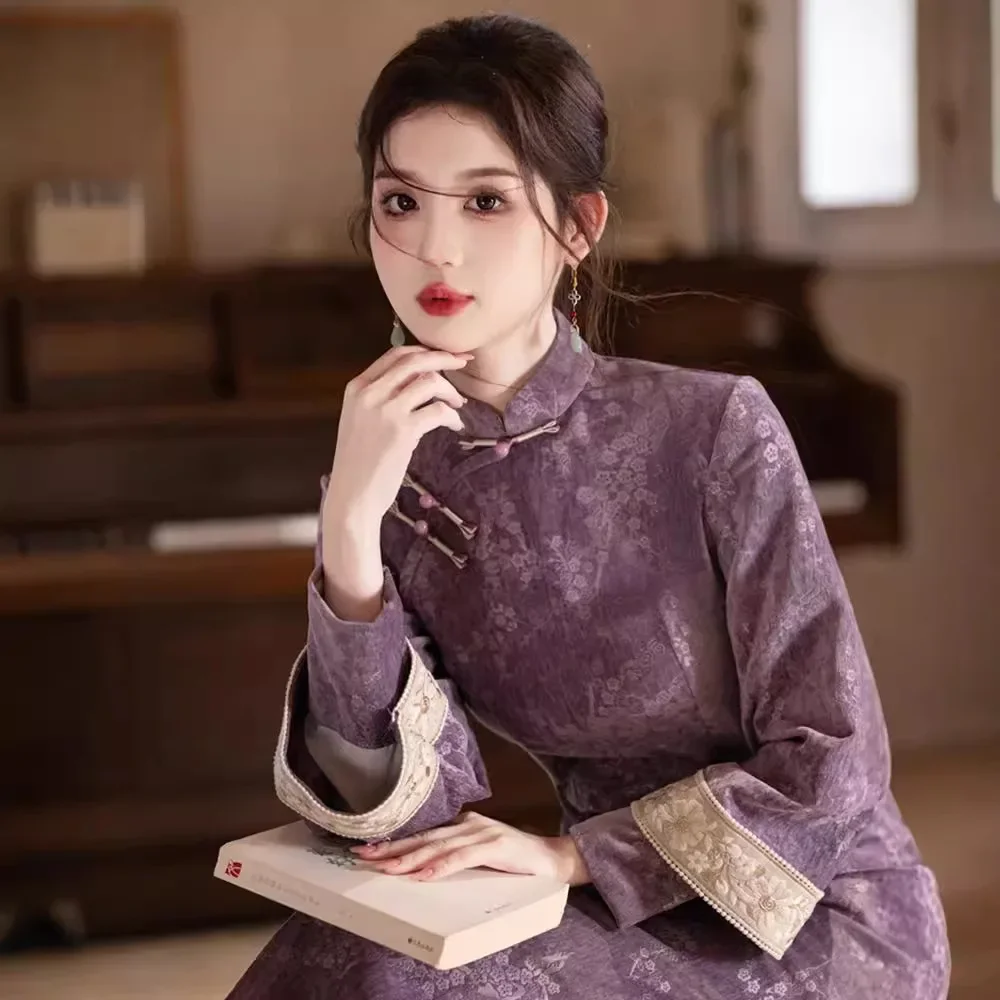 

Purple plain lady Fan new Chinese style improved inverted large sleeve cheongsam 2024 autumn new daily wear