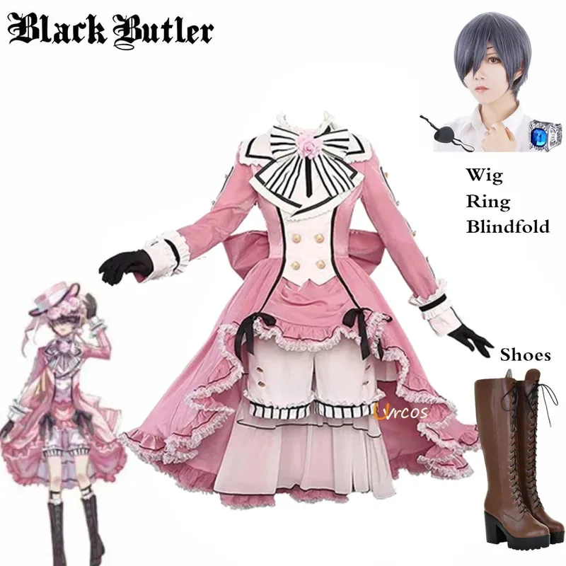 

Anime Black Butler Ciel Phantomhive Pink Robin Uniform Cosplay Costume Unises Dress Halloween Ring Wig Carnival Women Clothes