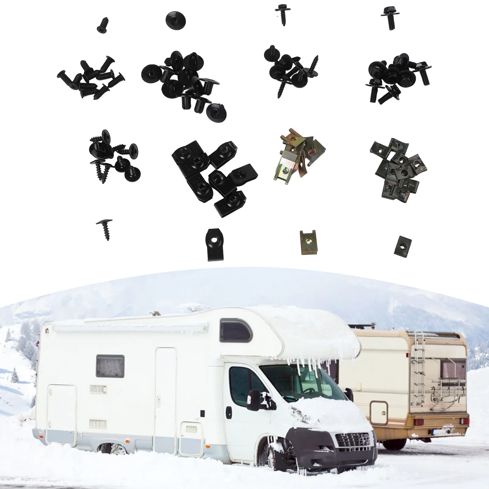64-Piece Metal and Plastic Rivet Clip Fastener Set with U-Shaped Clips Screws Nuts for Vehicle Exterior Interior Panel Mounting
