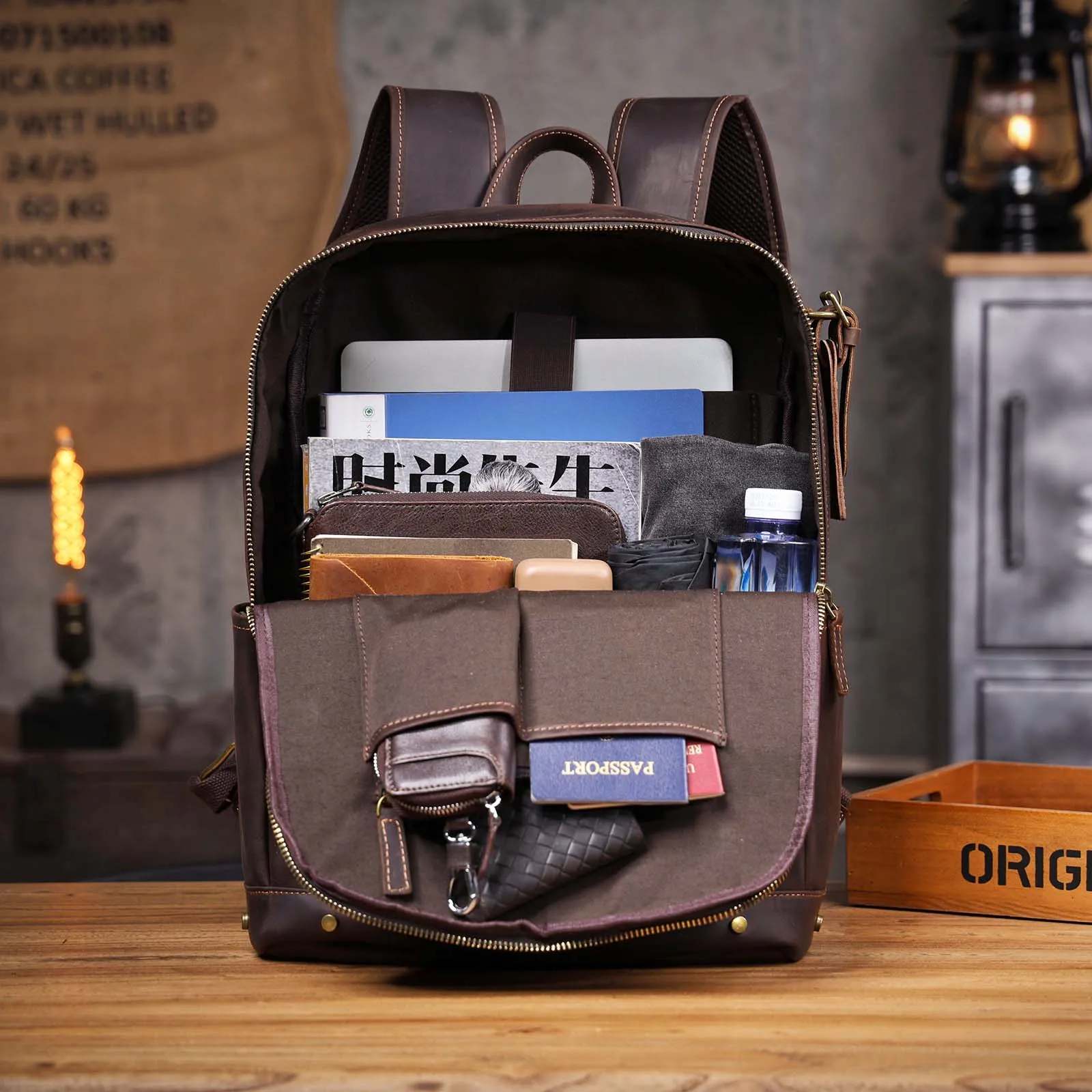 S.WORKER Vintage Echtleder-Rucksack 16" Laptop-Tasche Lässige Crazy-Horse-Leder-Schultasche Outdoor-Reise-Weekender-Tasche – Detail 18