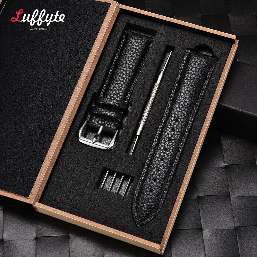 Lychee Pattern Leather Watchband 16mm 18mm 20mm 22mm With Gift Packing Box Men Women Replacement Business Watch Strap