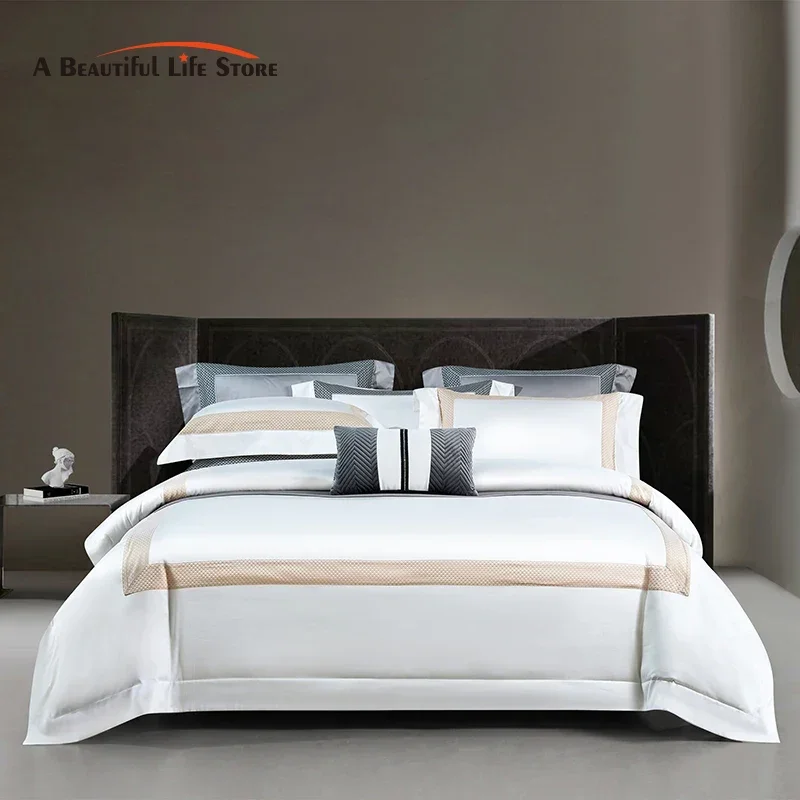 Luxury Hotel Style 1400TC Cotton White Bedding Set Embroidery Smooth Soft  Silky Duvet Cover Bed Sheet Pillowcases King Size