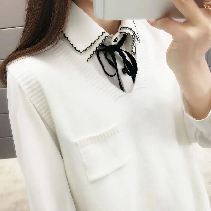 Casual Basic Knitted Sweater Vest Women's Clothing Korean V-Neck Autumn Winter Solid Color Stylish Pockets Sleeveless Jumpers