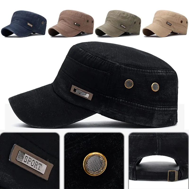 2023 New Stylish Washed Cotton Flat Top Cap Hat Women Men Breathable Snapback Cap For Cadet Spring Summer Sun Hat