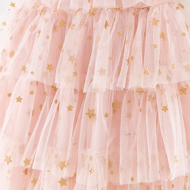 Baby Girl Toddler Clothes Princess Dress Pink Stars Sequins Cake Puffy Tulle Dresses for Girls Birthday Elegant Kids Ball Gowns