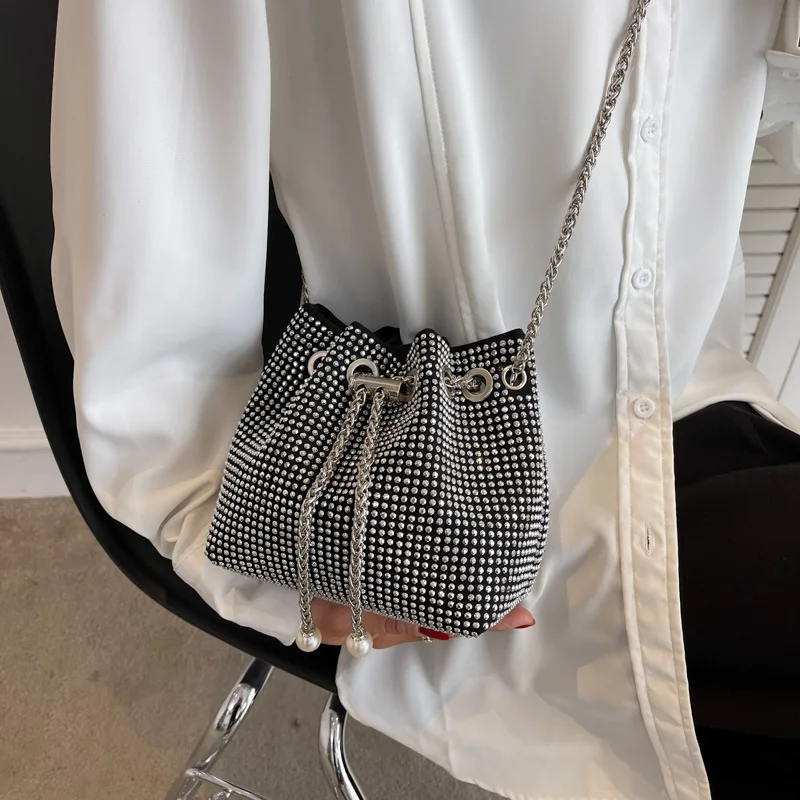 Luxury Rhinestone Shoulder Bags For Women Pearl Chains Bucket Crossbody Bags Drawstring Underarm Handbag Messenger Purse