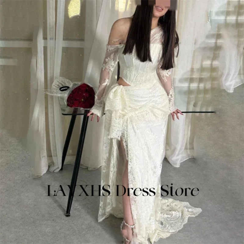 Koronkowe sukienki wieczorowe na jedno ramię z długim rękawem, syreni krój, wycięcie z boku, rozcięcie, falbany, sukienki na studniówkę, szyte na miarę فستان سهرة نسائي