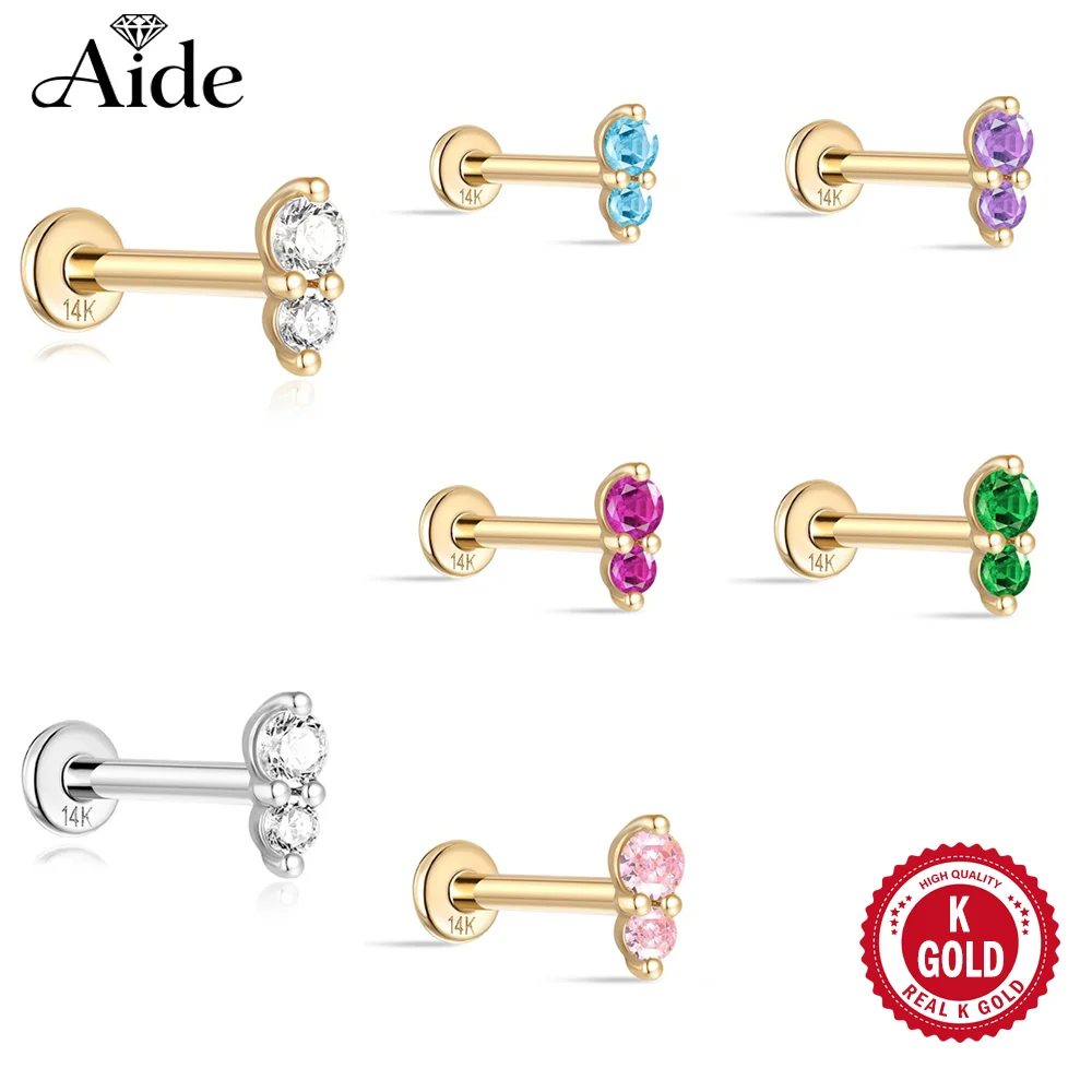 

AIDE Real 14K Solid Gold Colors Zircon Multi Sized Stud Earring Mini Simple Piercing Ear Bone Studs Body Piercing Fine Jewelry