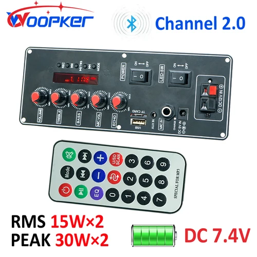 Placa amplificadora de Audio WOOPKER, versión de batería de 7,4 V, 30W, módulo amplificador de micrófono para subwoofer, canal 2,0 para altavoz de 4 ohmios, bricolaje para el hogar