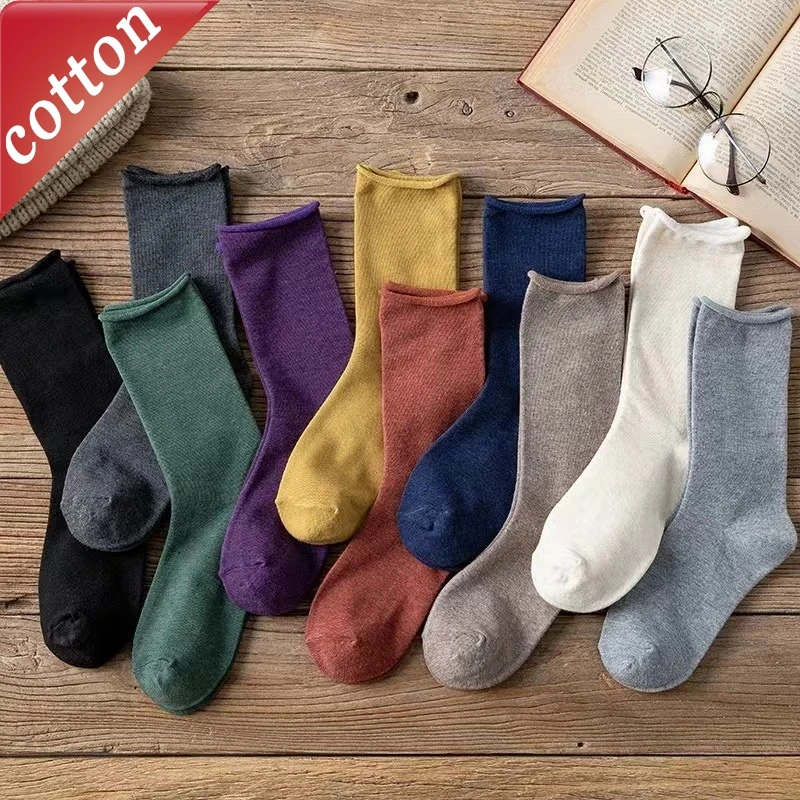 

5 пар женских носков, корейские однотонные однотонные загнутые края, милые универсальные удобные хлопковые носки высокого качества в стиле Харадзюку для девочек
