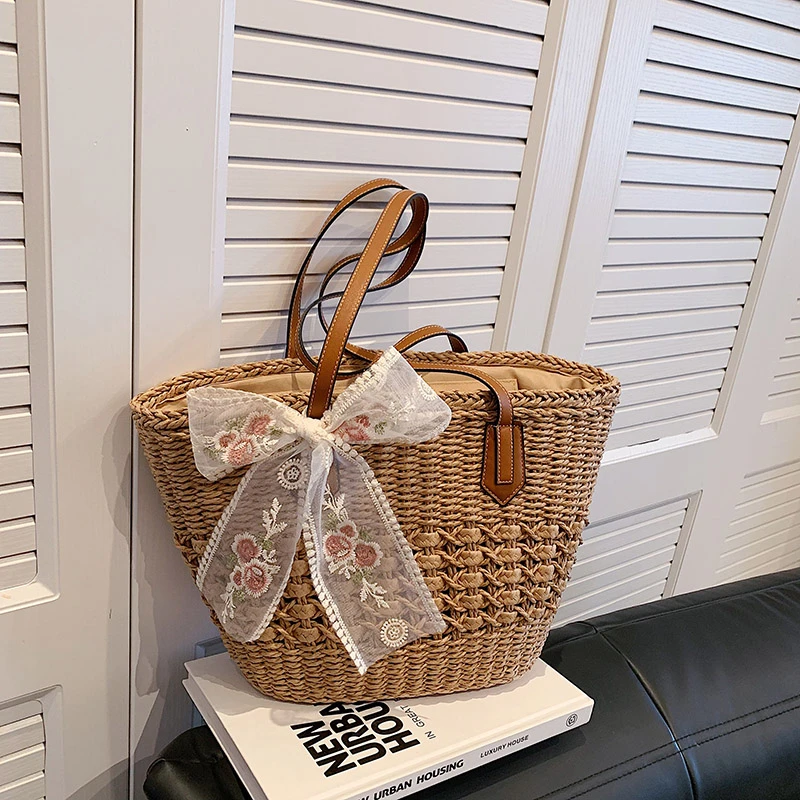 

Модные повседневные сумки-тоут из соломы на молнии большой вместимости для женщин, новинка 2026 года, простые универсальные молодежные сумки для поездок на работу