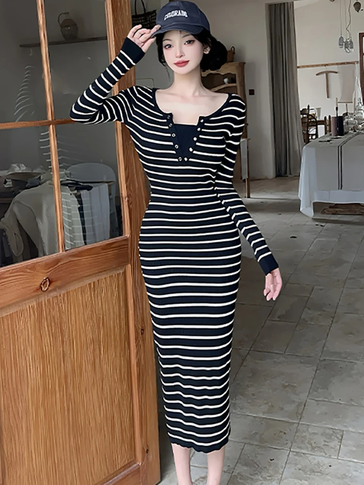 Herfst Winter Zwart Gestreepte Gebreide V-hals Lange Jurk Vrouwen Vintage Luxe Avondjurk 2025, Koreaanse Elegante Bodycon Feestjurk