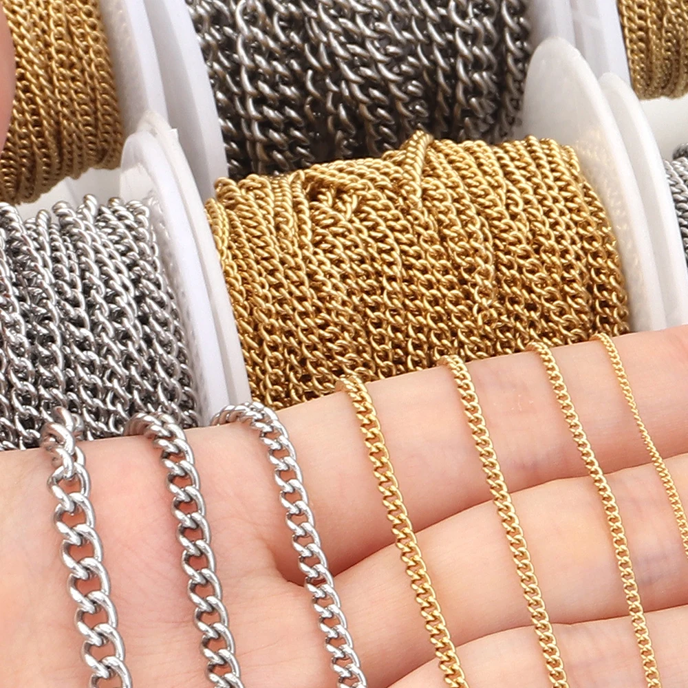 10yards/roll Stainless Steel Link Chains 1/1.5/2/2.5/3/3.7/4.5mm Flat Round Cable Chains Necklace Body Chain For Jewelry Making