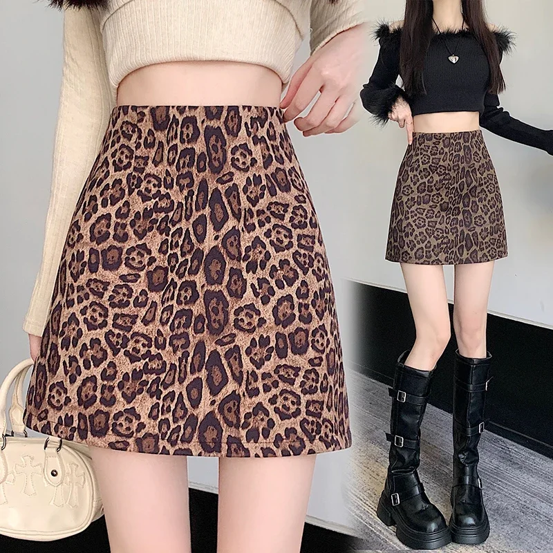 Half length skirt for women, 2024 autumn and winter high waisted A-line skirt, anti glare leopard print wrap skirt, short skirt