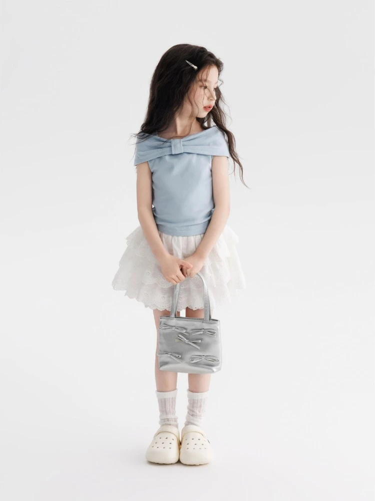Girls Blue Off Shoulder T-Shirt Summer New Arrival Big Bow Short Sleeve Kids Top Fashion Versatile Casual Outfit