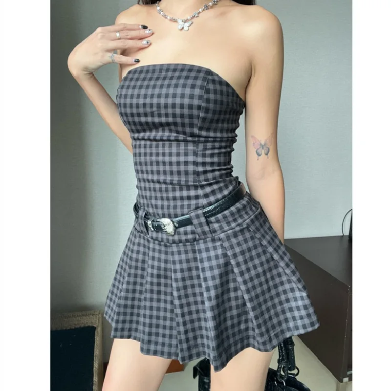 Sexy Check Short Dress Slim Fit Strapless Pleated Short Dress Women Clothing Female Preppy Vintage Sleeveless Backless Dress