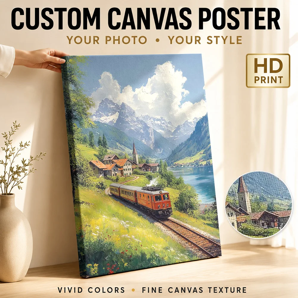 Train Through Swiss Alps Framed Canvas Poster Personalized Photo Painterly Wall Art For Lodge Reception, Landscape Lover Gift