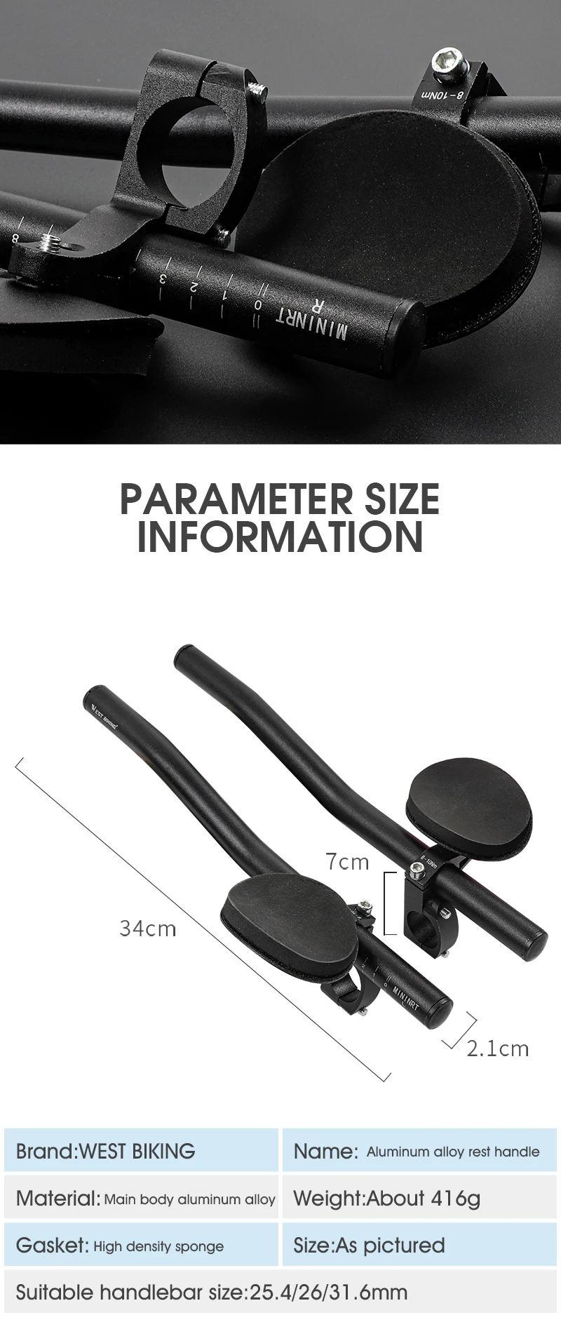 WEST BIKING Aluminium-Legierung TT Lenker Aero Bike Extender Armstützen Verstellbare Lenkerverlängerung mit Schwamm-Ellbogenschonern für Radfahren – Detail 12