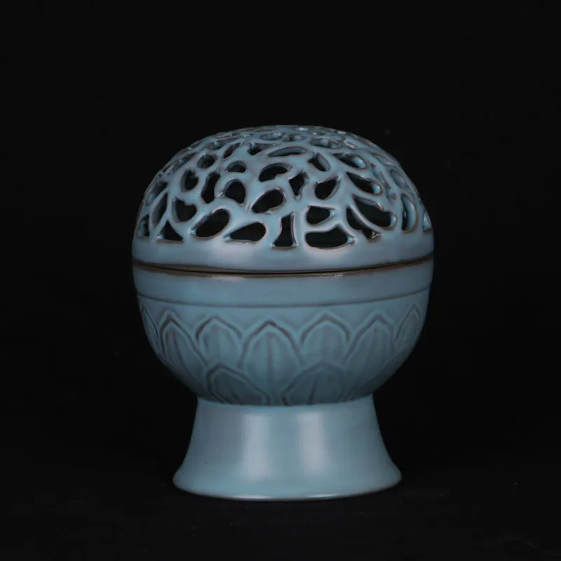 Song Dynasty Ru Ware Blue Glaze Hollow Round Incense Burner Censer Reproduction Porcelain Home Decor Collectible