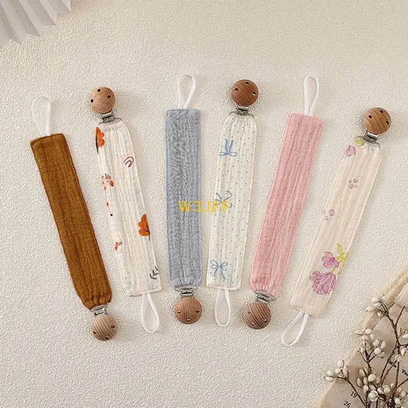 W3JF Washable Cotton Pacifier Lanyard Multi Functional Designs with Wooden Clasp Patterned Tether for Newborn Security