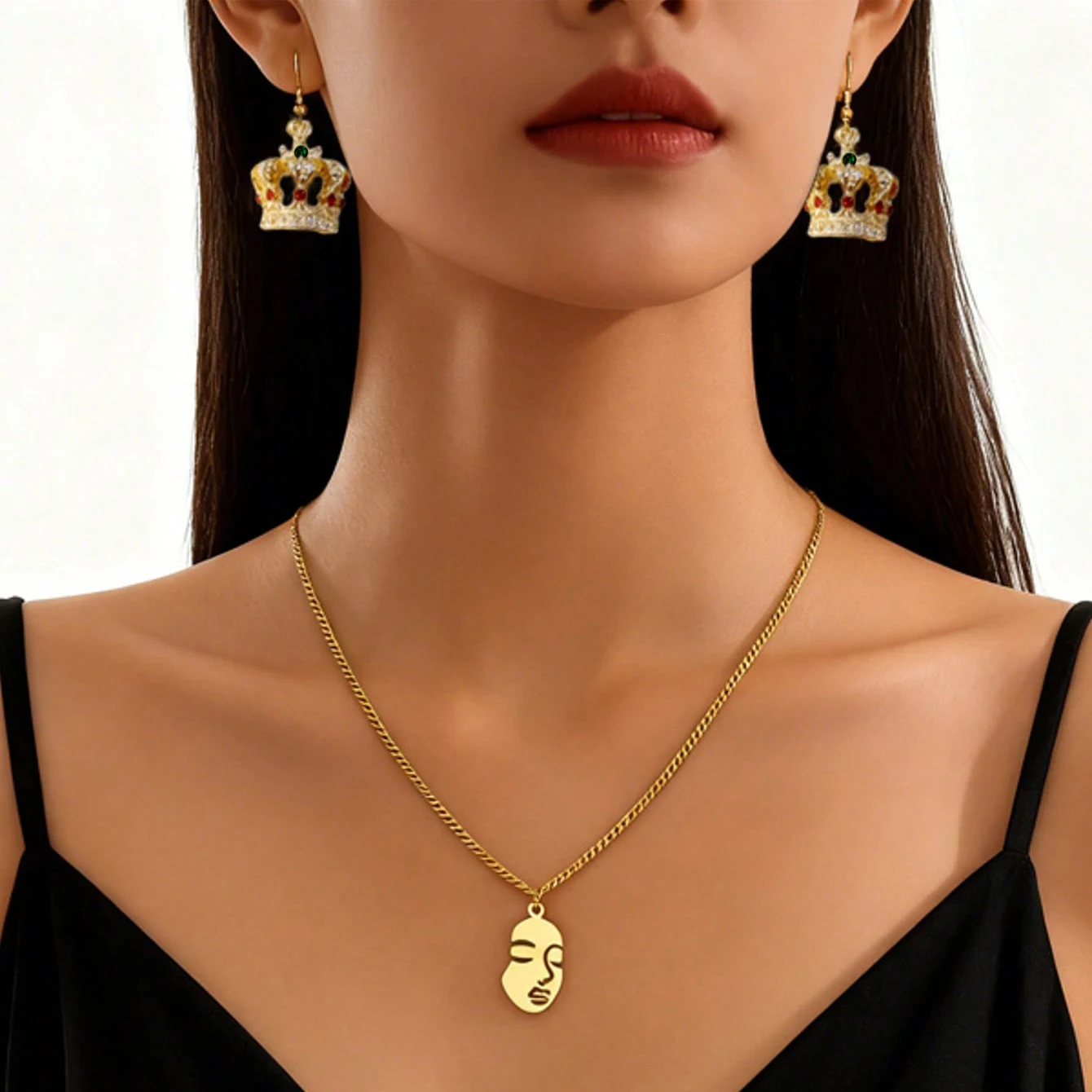 Fashion Minimalist Style Face Portrait Necklace with Rhinestone Crown Earrings Set, Exaggerated Abstract Face Mask Clavicle Chain