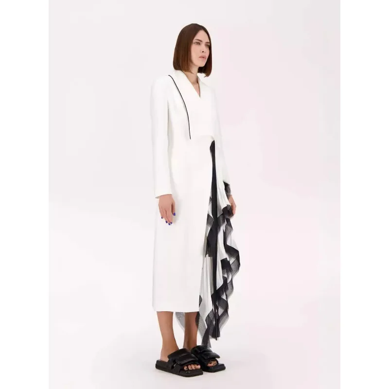 

Irregular Women Pleated White Elegant Long Blazer New Lapel Long Sleeve Jacket Fashion Spring Autumn 2026 7AB8W