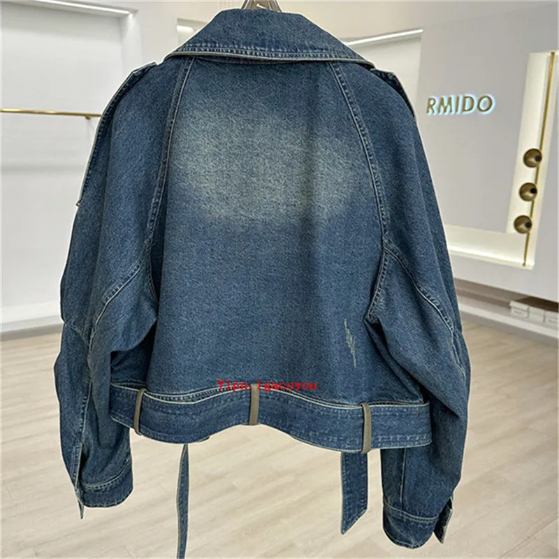 Spring Autumn Vintage Short Denim Jacket Women 2024 New Patchwork Leather PU Jeans Coat Fashion Loose Outwear Streetwear B286