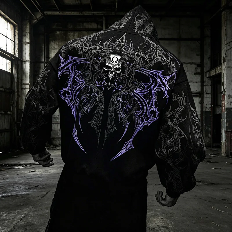 Herren Alt Gothic Zip-Up Hoodie Y2k High Street American Style Dunkler Dornen-Print Fleece-gefütterter Loser Biker Herbst-Winter-Sweatshirt – Detail 16