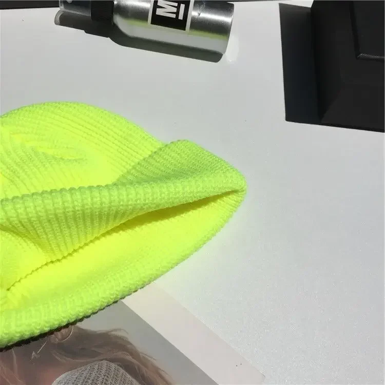 Men Women Winter Autumn Solid Color Warm Woolen Knitted Cap Fluorescent Cuffed Beanie Hat Female Caps Warmer Bonnet Casual Cap