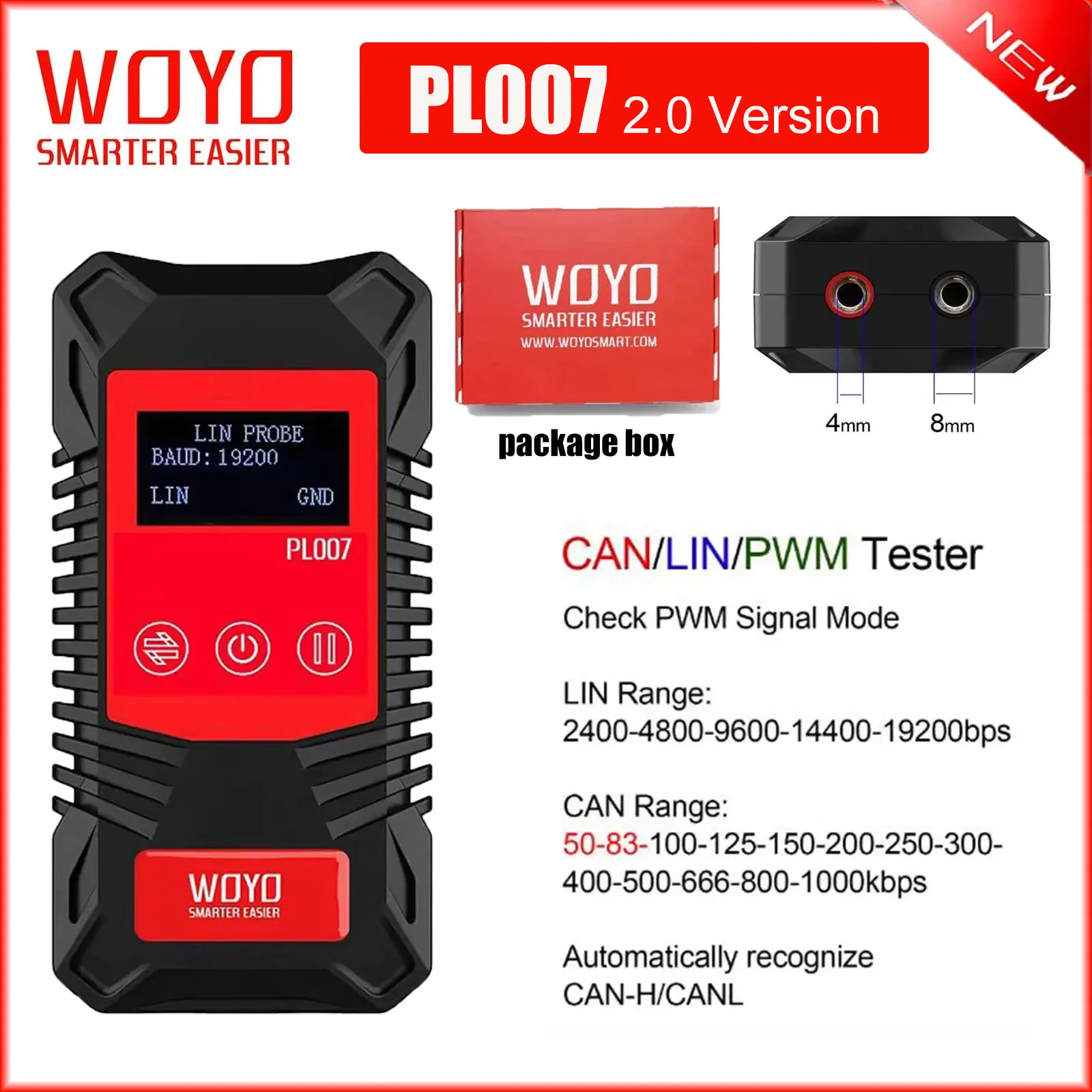 WOYO PL007 CAN LIN PWM Tester Digital Measuring Instruments Auto-recognize CAN-H &CAN-L PWM Baud Rate Automotive Diagnostic Tool