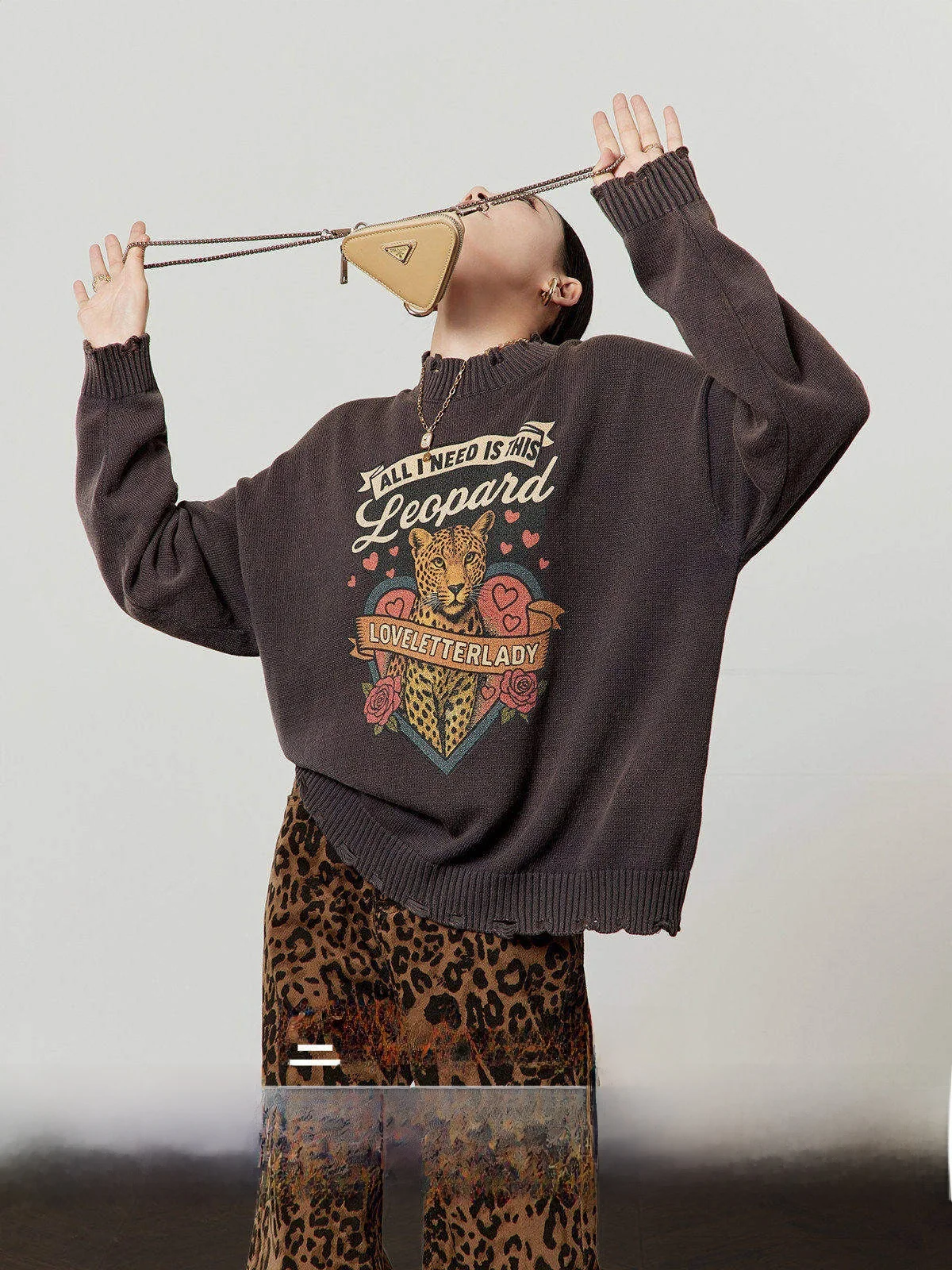 

Rose Leopard ay Knitted Sweater Women's Spring New Sle Vintage Loose Fit Long Sve Printed Hole Casual Faion Top